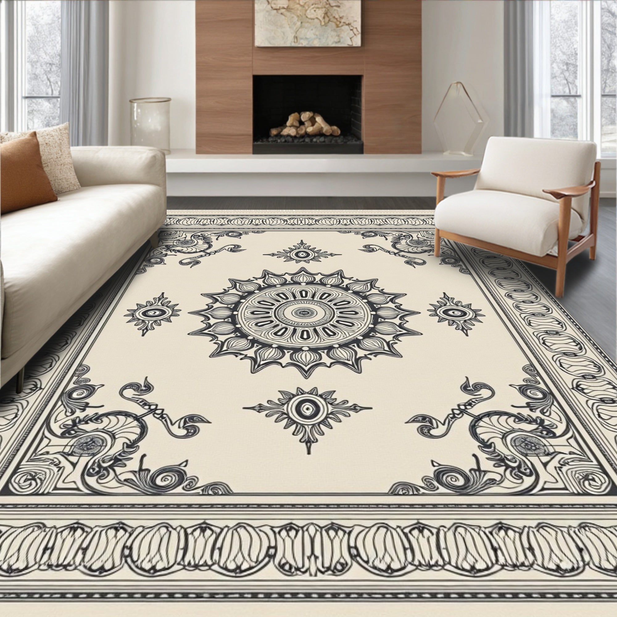 Ivory Black Medallion Border Framing Rug
