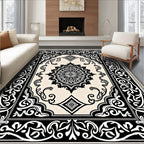 Elaborate Black White Scrollwork Rug