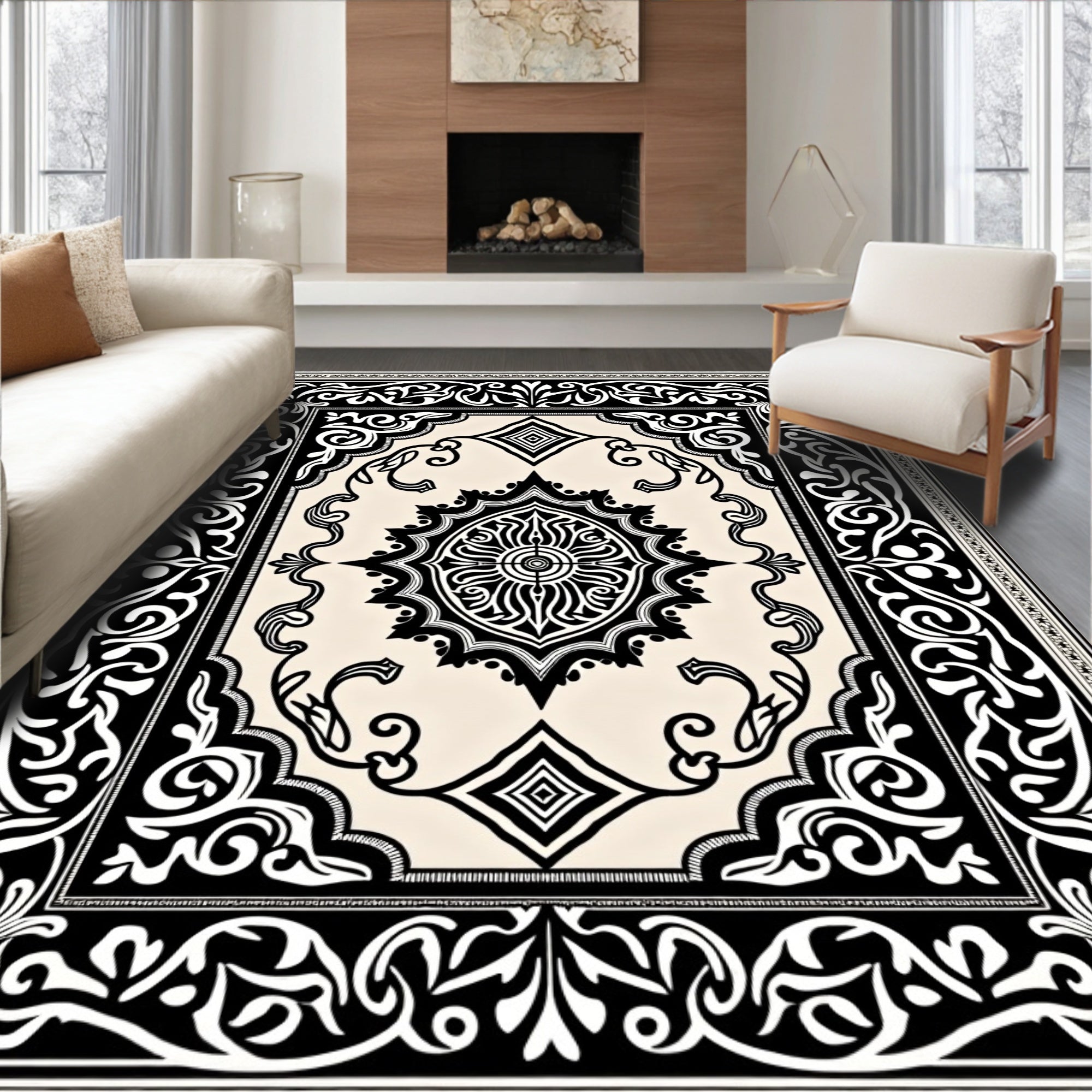 Elaborate Black White Scrollwork Rug