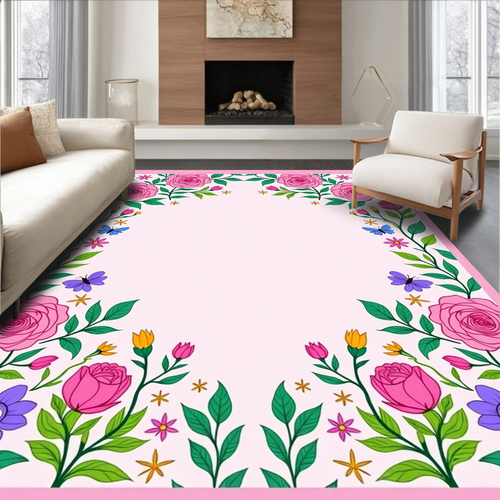 Pink Rose Butterfly Meadow Floral Rug