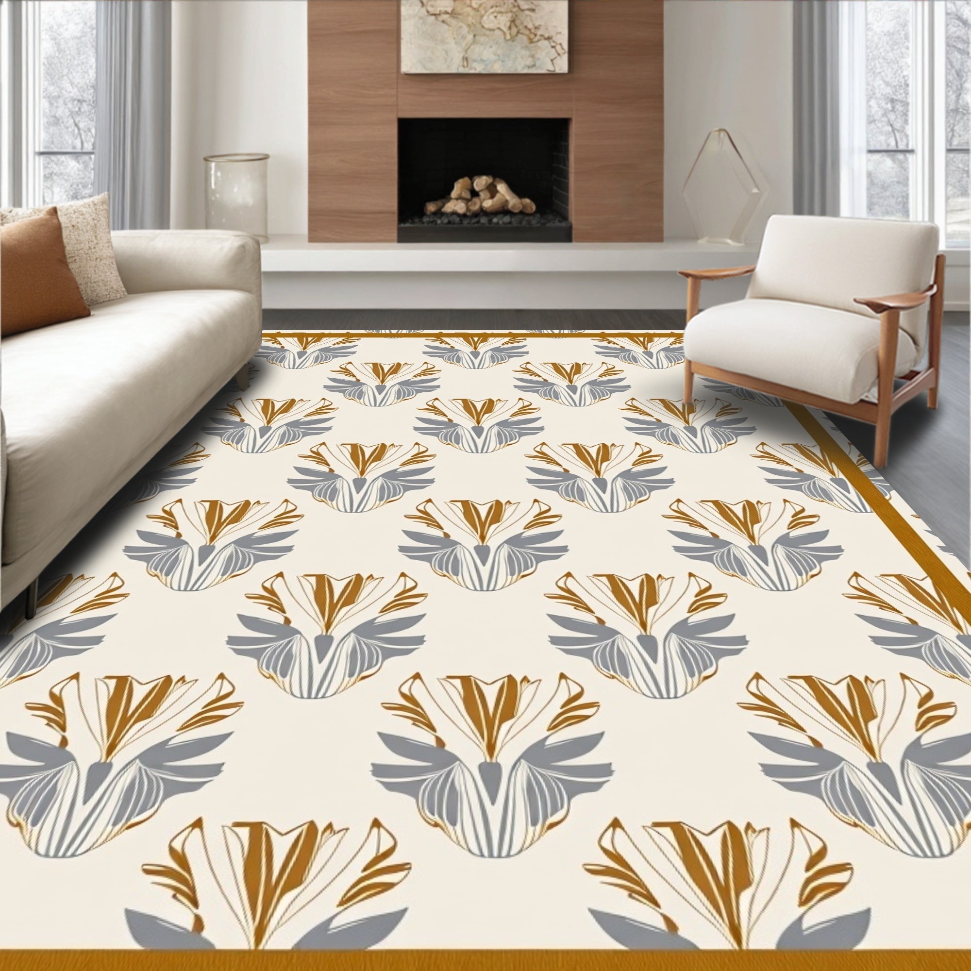 Golden Gray Art Deco Floral Frame Rug
