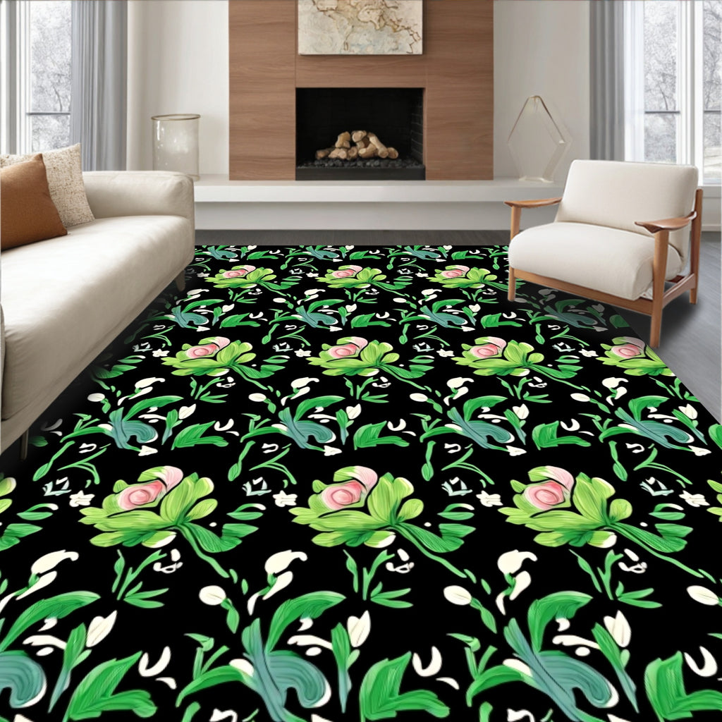 Elegant Pink Green Floral Black Background Rug