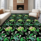 Elegant Pink Green Floral Black Background Rug