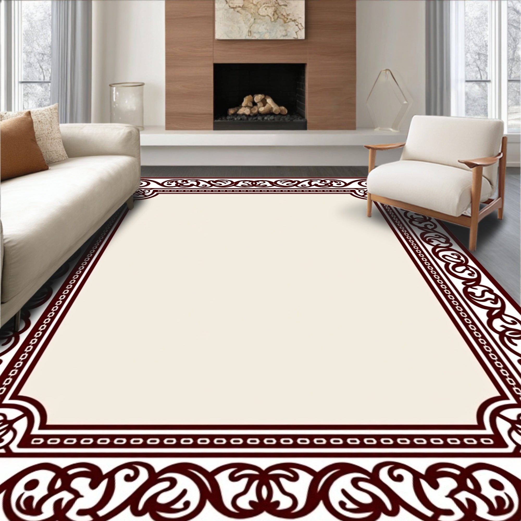 Deep Red Vintage Scroll Border Rug