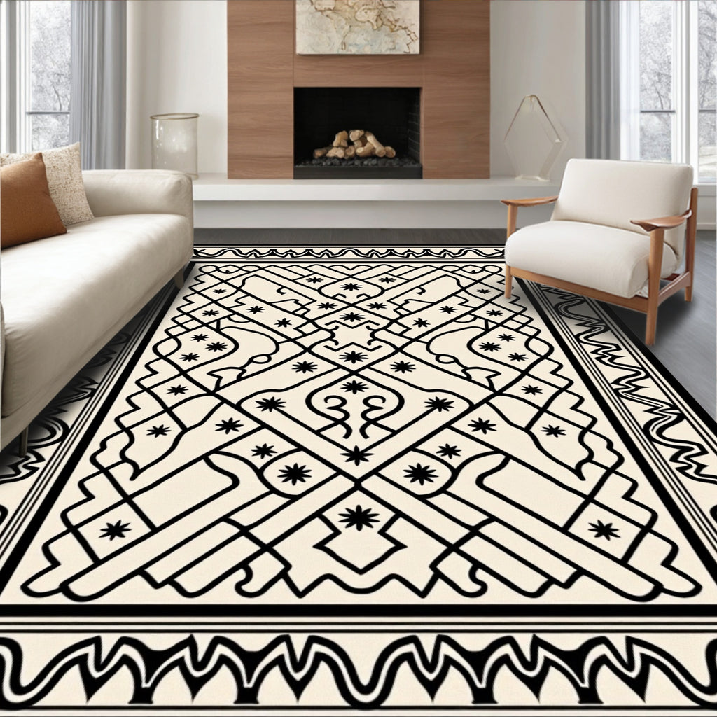 Black Geometric Border Star Motif Rug