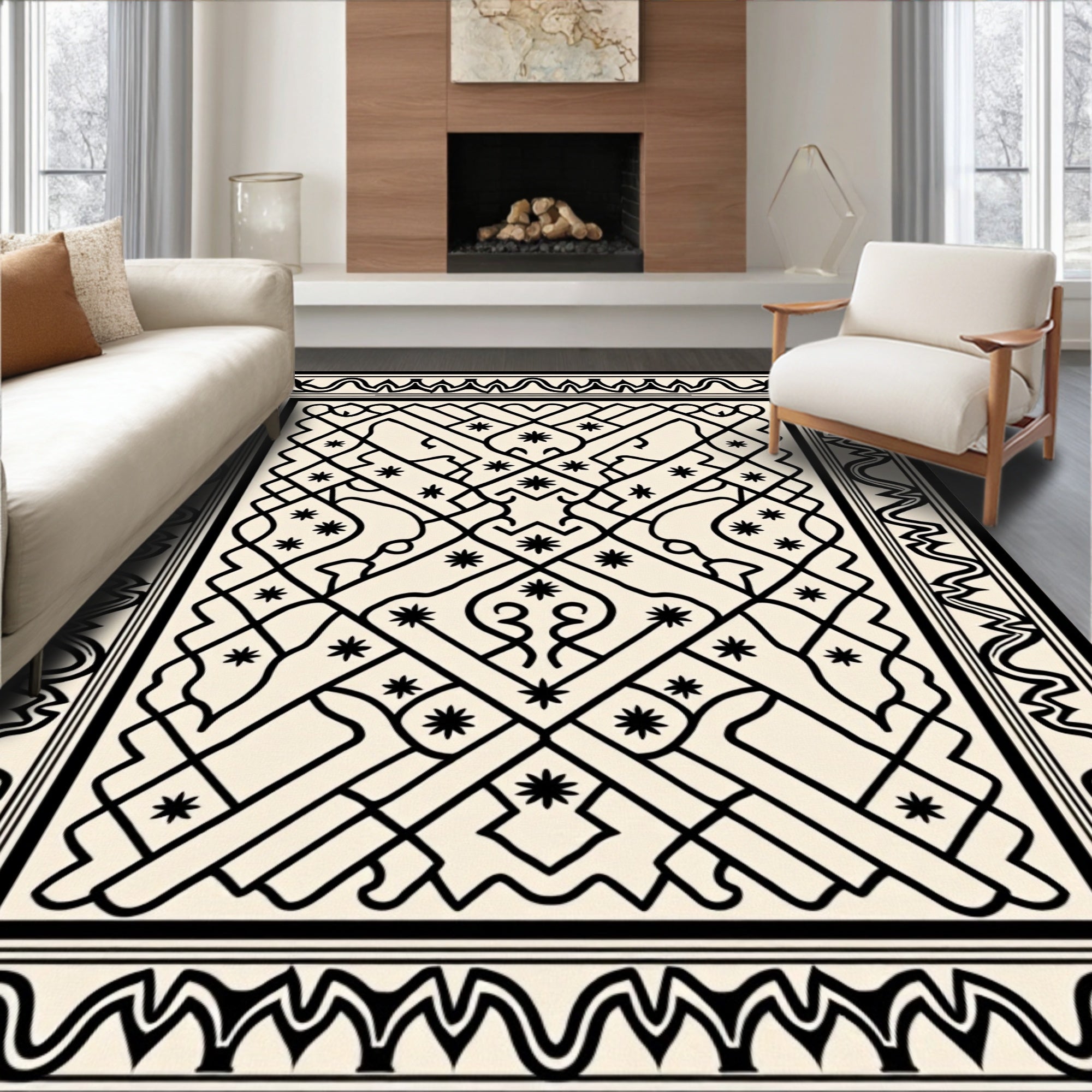 Black Geometric Border Star Motif Rug