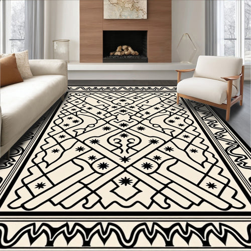 Black Geometric Border Star Motif Rug