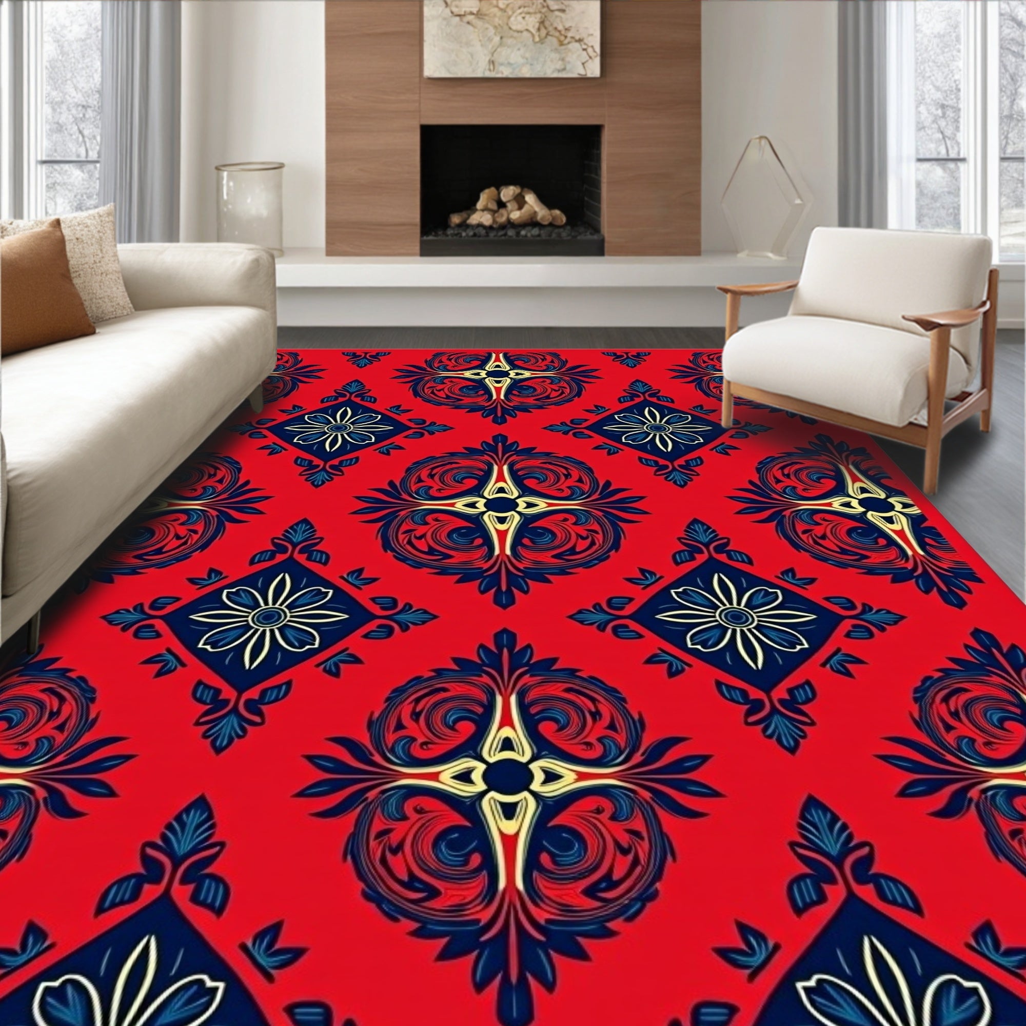 Crimson Navy Floral Medallion Tapestry Rug