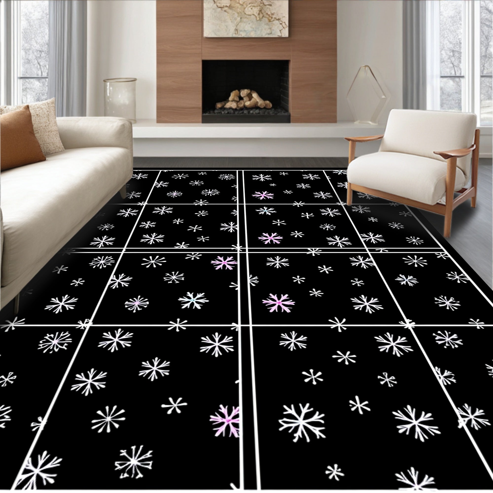 Winter Snowflake Scattered Black Rug