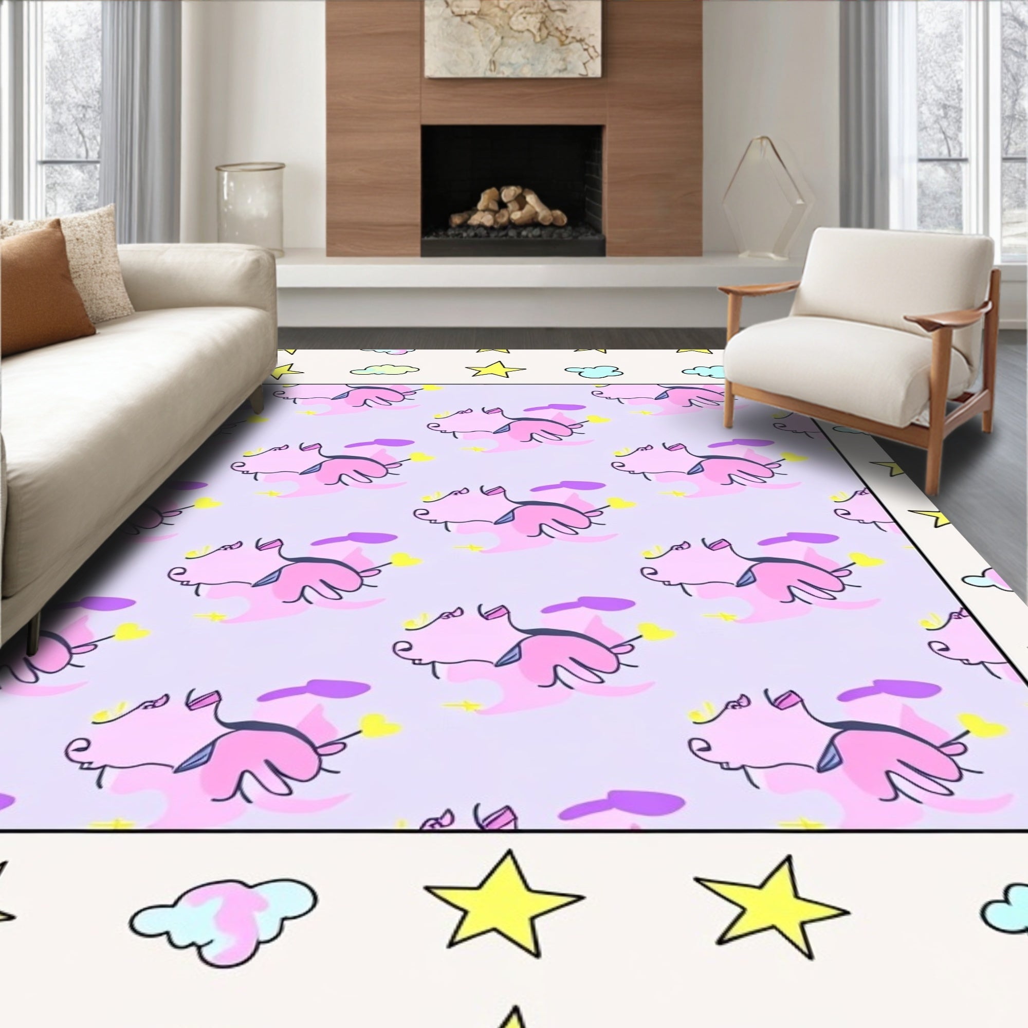 Whimsical Pink Unicorn Cloud Stars Rug