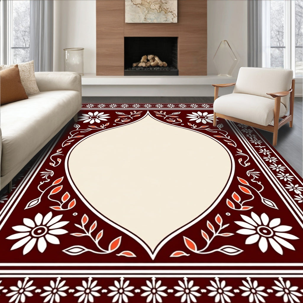 Crimson Floral Border Medallion Cream Rug