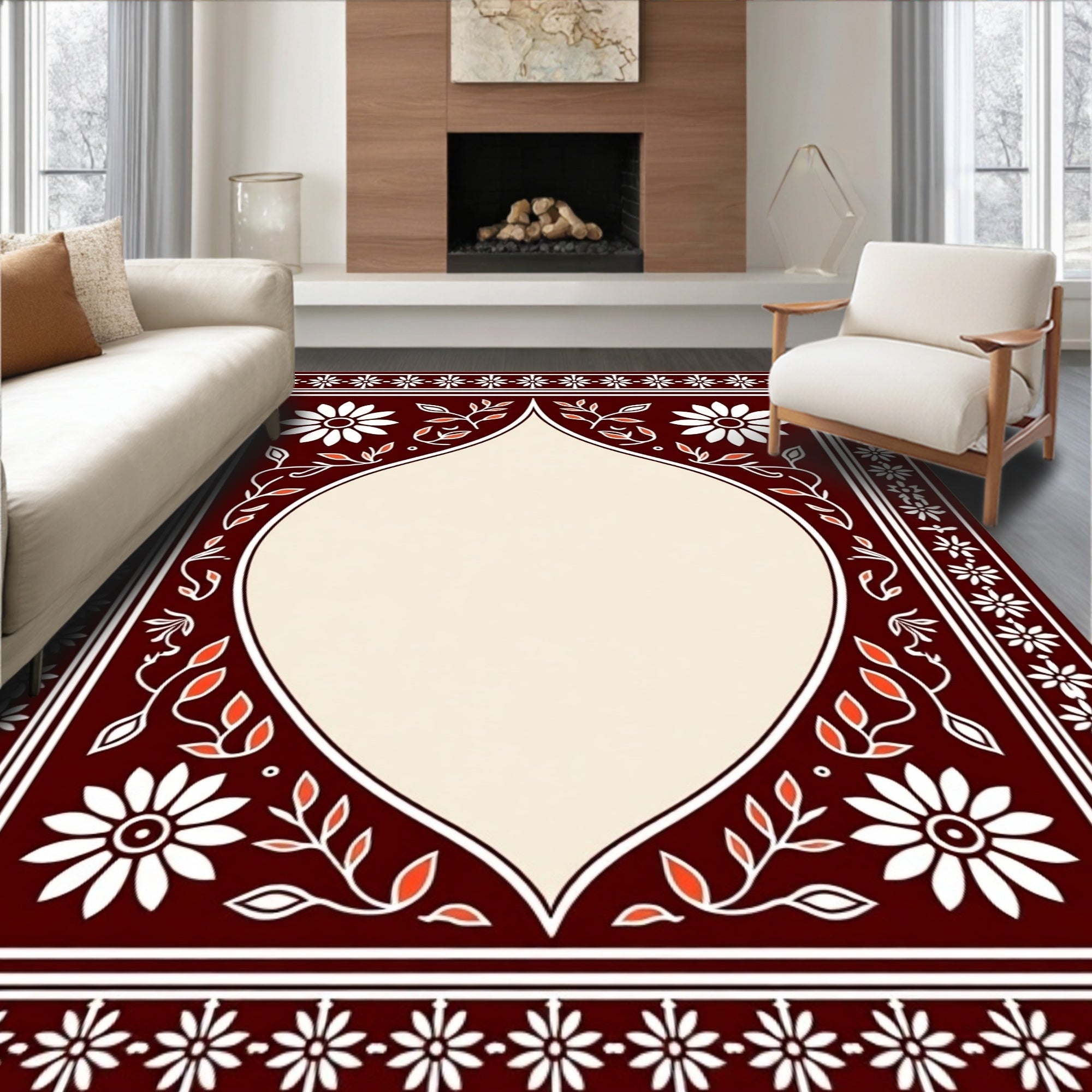 Crimson Floral Border Medallion Cream Rug