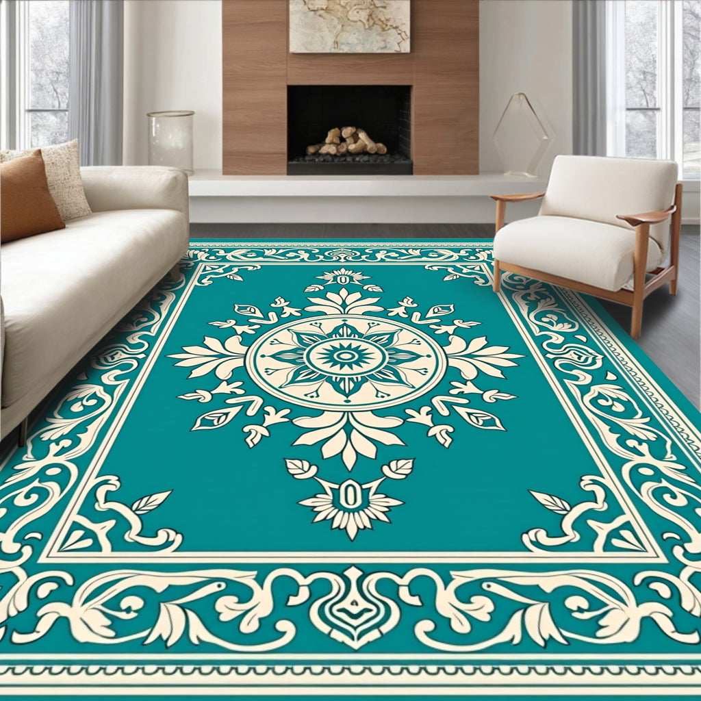 Teal Cream Medallion Floral Border Rug