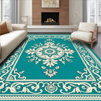 Teal Cream Medallion Floral Border Rug
