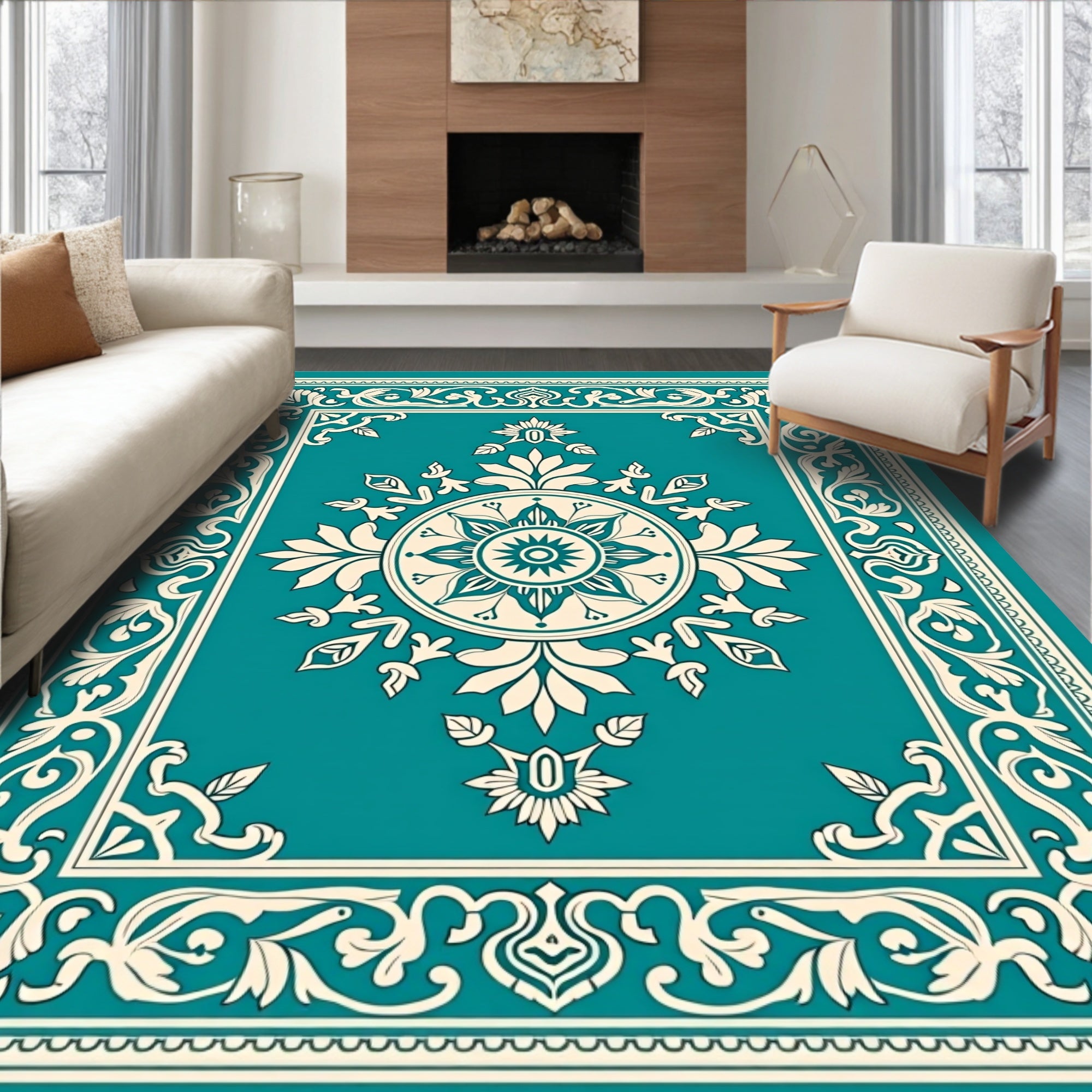 Teal Cream Medallion Floral Border Rug
