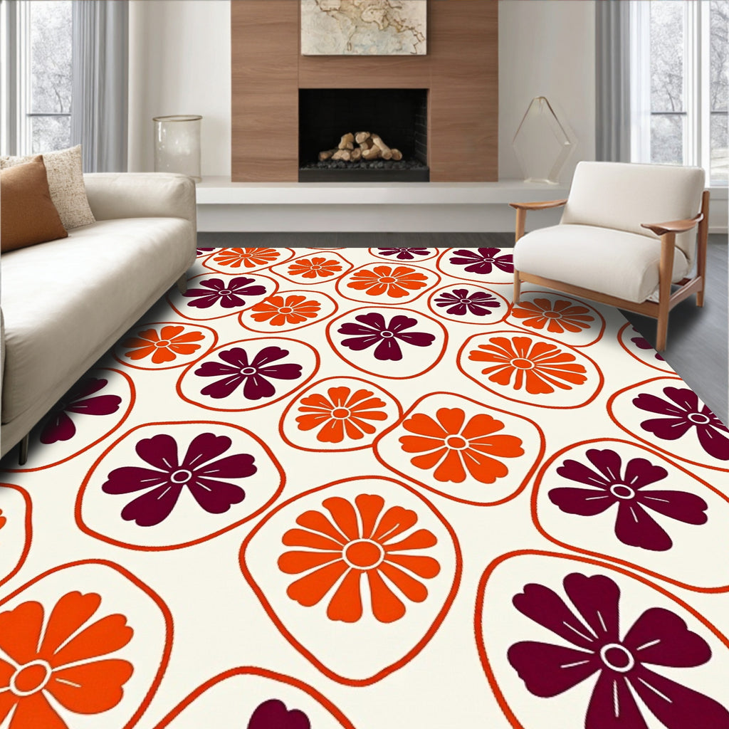 Retro Orange Plum Flower Circles Rug