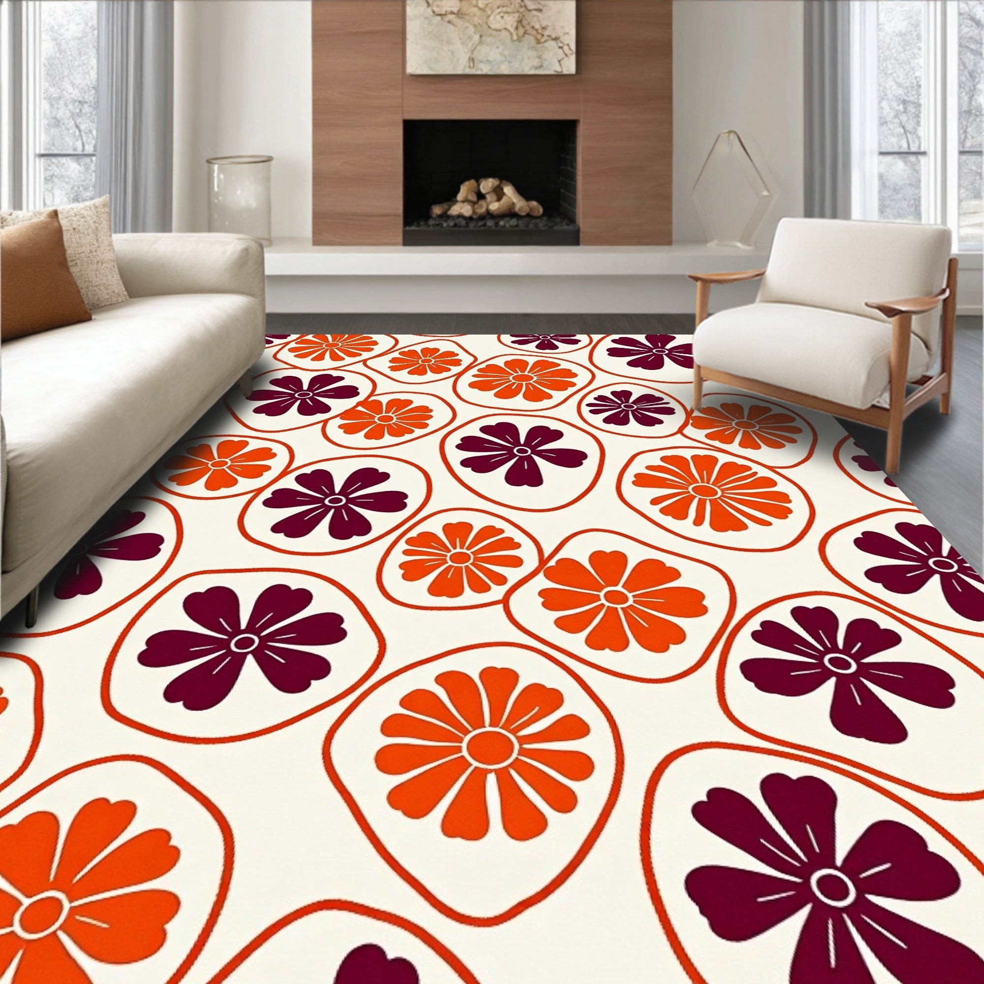 Retro Orange Plum Flower Circles Rug