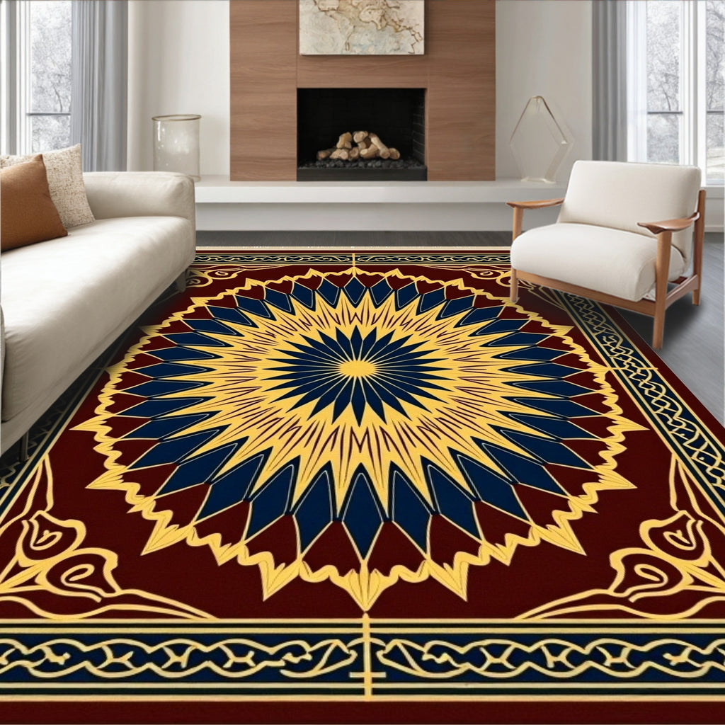 Sunburst Medallion Burgundy Blue Gold Rug