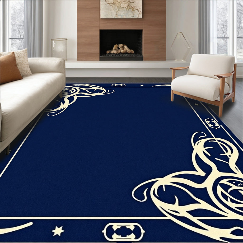 Navy Blue Cream Ornamental Frame Rug