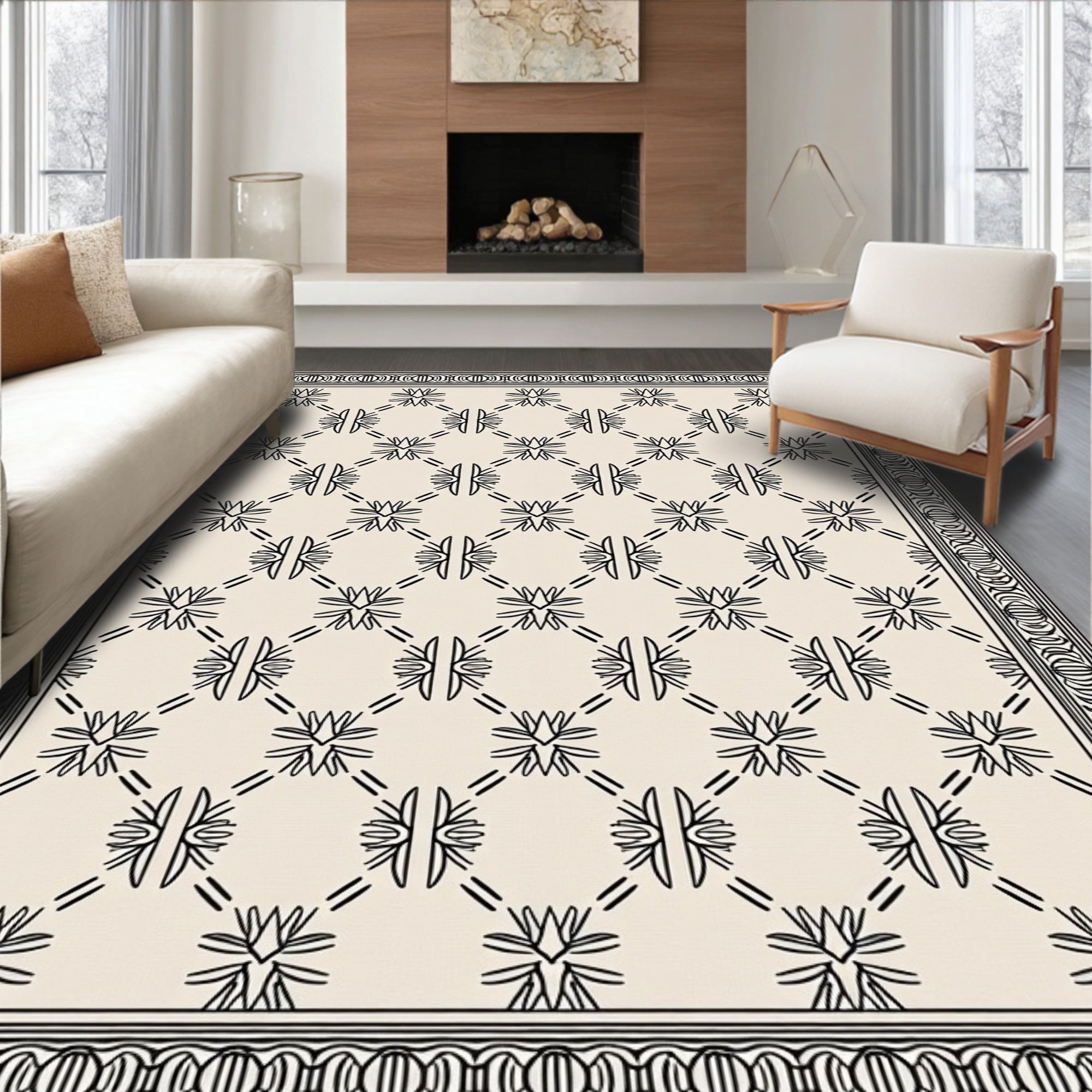Minimalist Cream Floral Diamond Border Rug