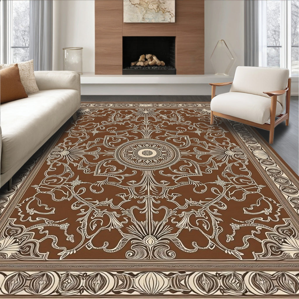 Brown Cream Scrollwork Medallion Rug