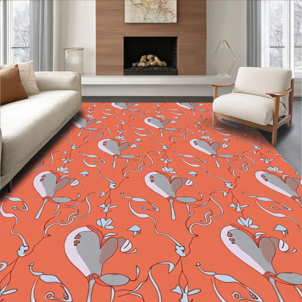 Coral Gray Whimsical Floral Swirls Rug