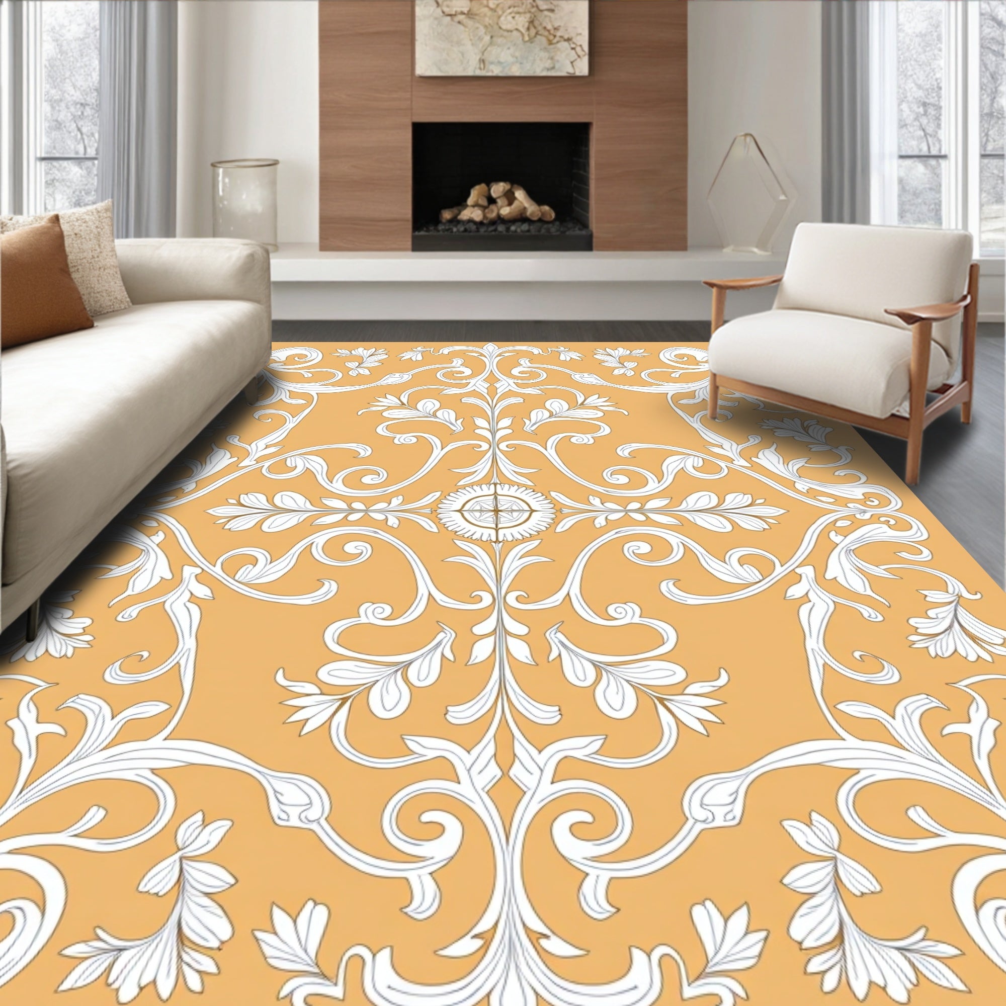 Golden White Flourish Scroll Medallion Rug