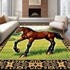 Brown Horse Galloping Field Landscape Rug