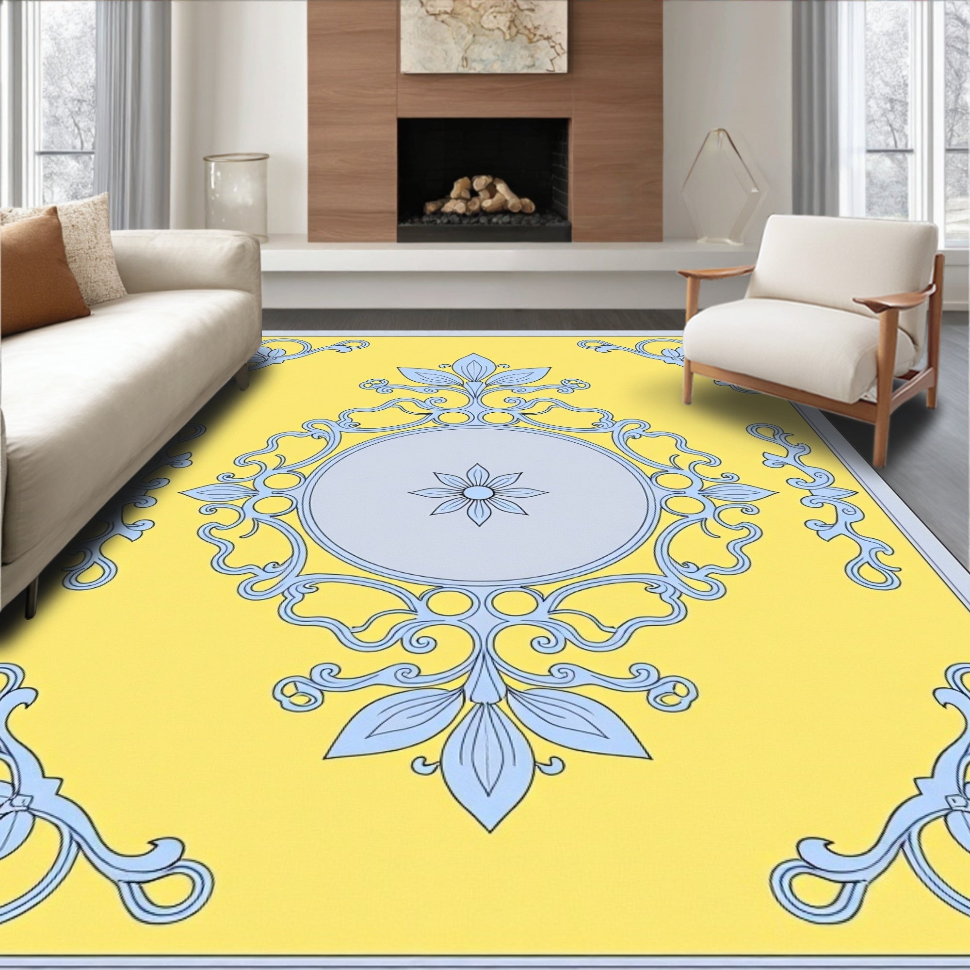 Light Blue Floral Scroll Yellow Medallion Rug