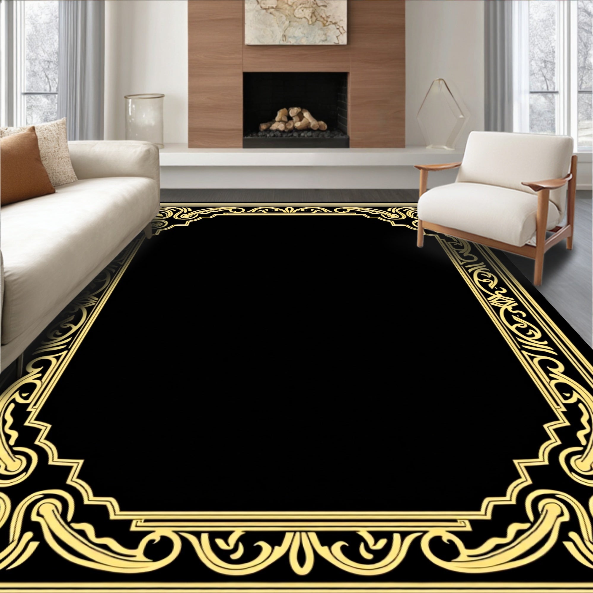 Elegant Gold Ornamental Frame Rug