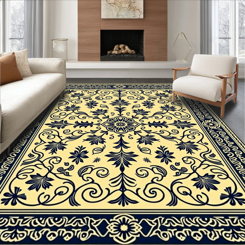 Traditional Yellow Blue Floral Center Medallion Rug