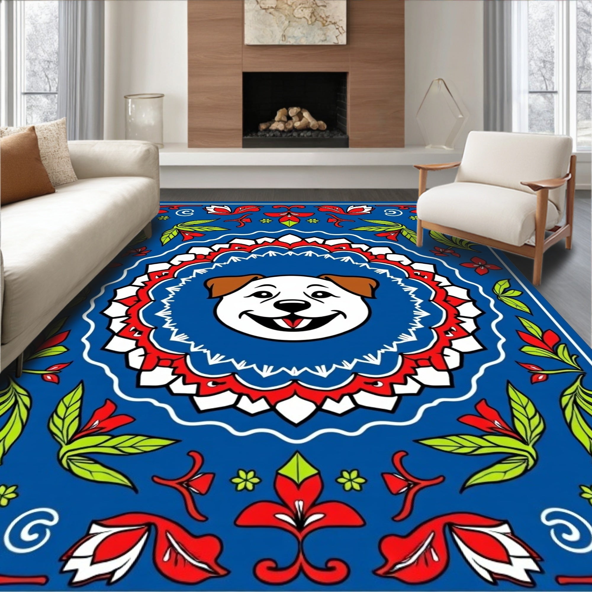 Joyful Blue White Red Floral Dog Face Rug