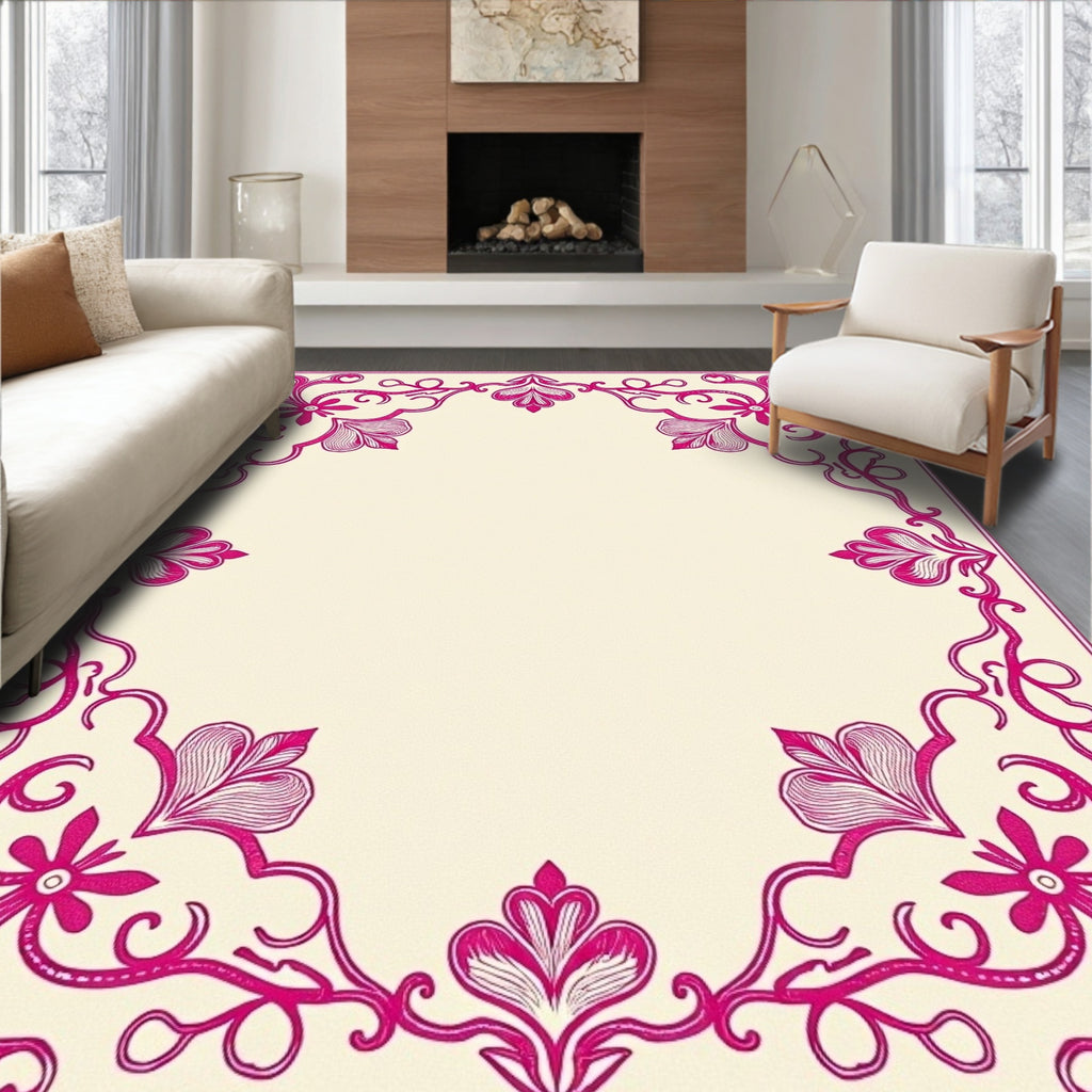 Ornate Pink Floral Scroll Frame Rug