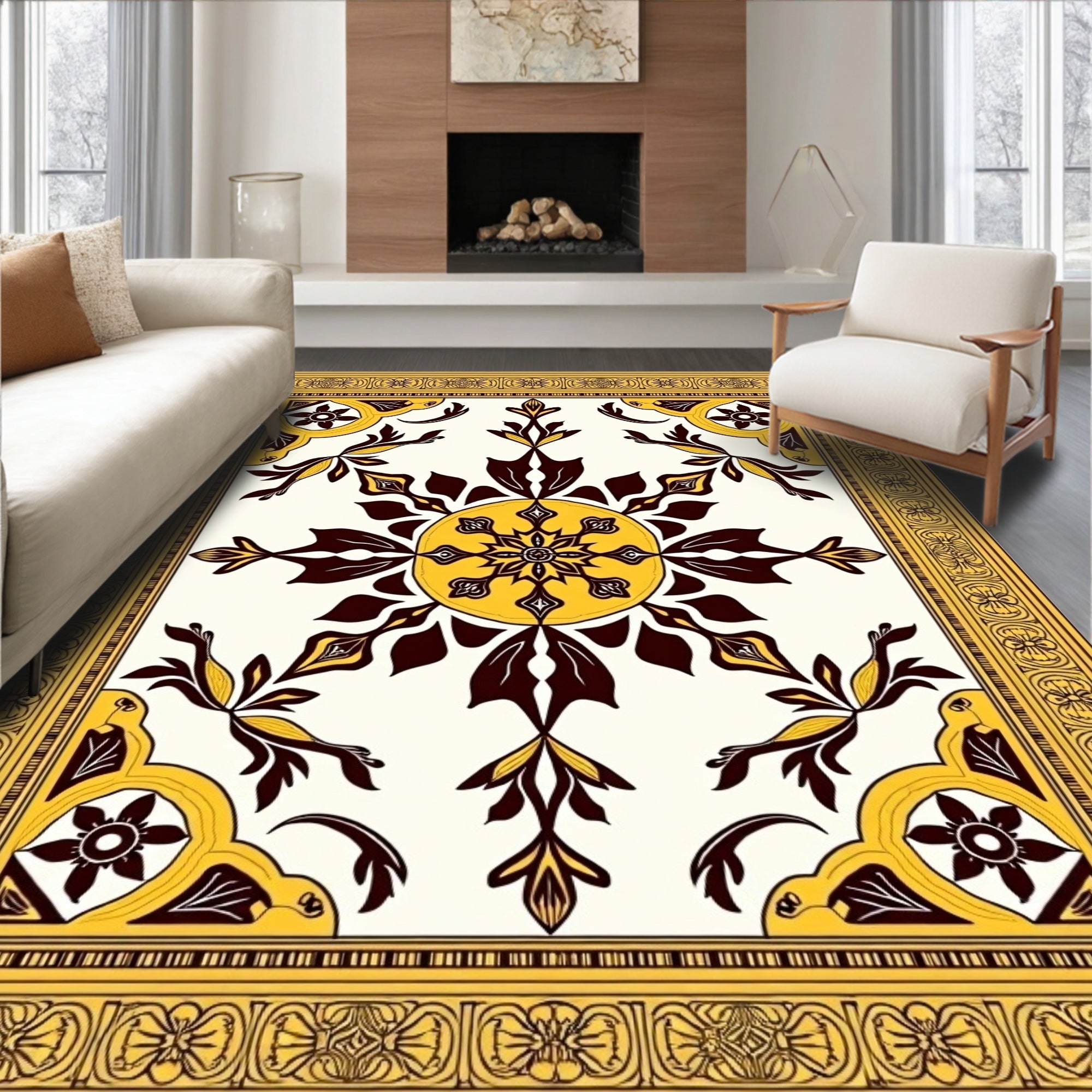 Antique Yellow Medallion Floral Border Rug