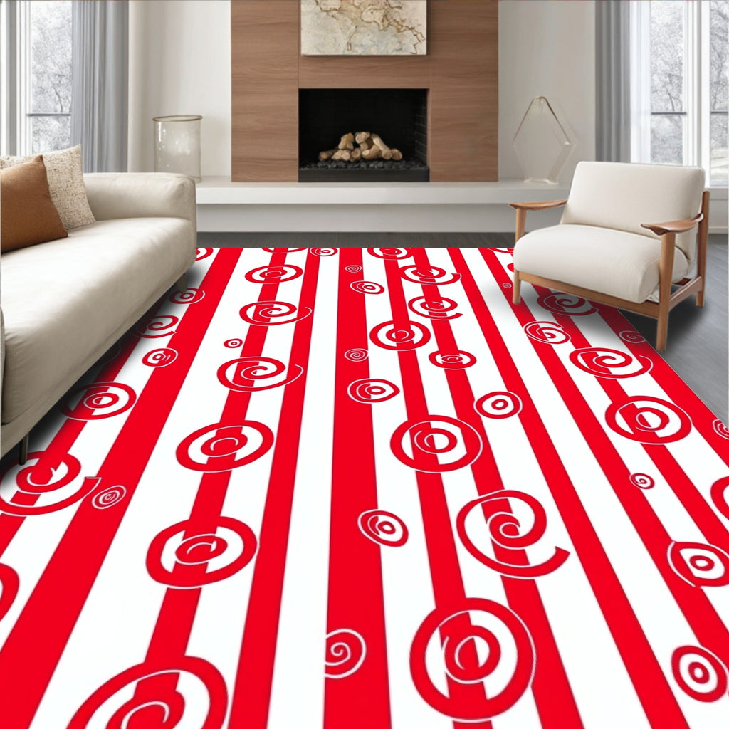 Red White Swirl Stripes Rug