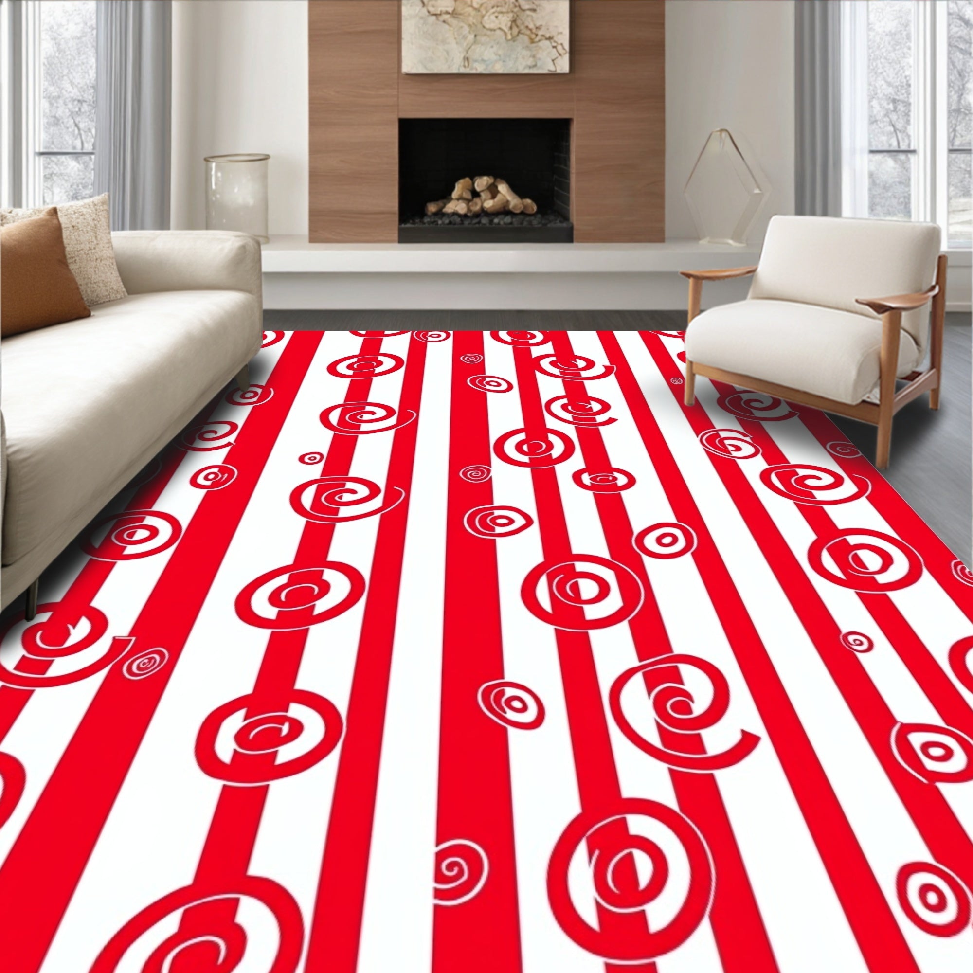 Red White Swirl Stripes Rug