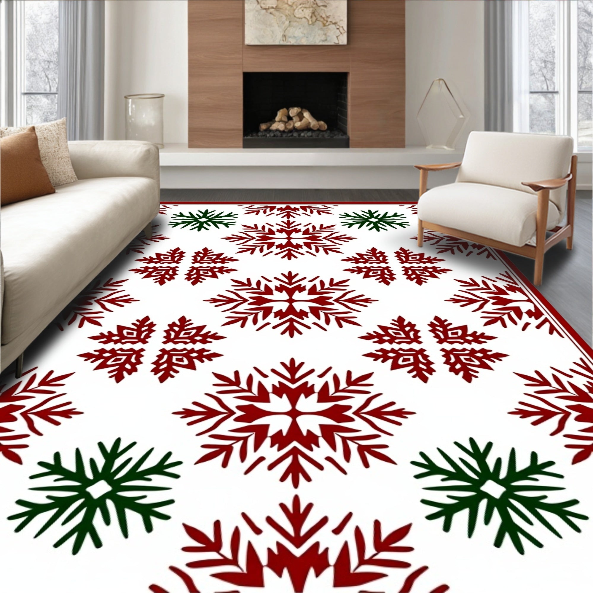 Festive Red Green Snowflake Collage Rug