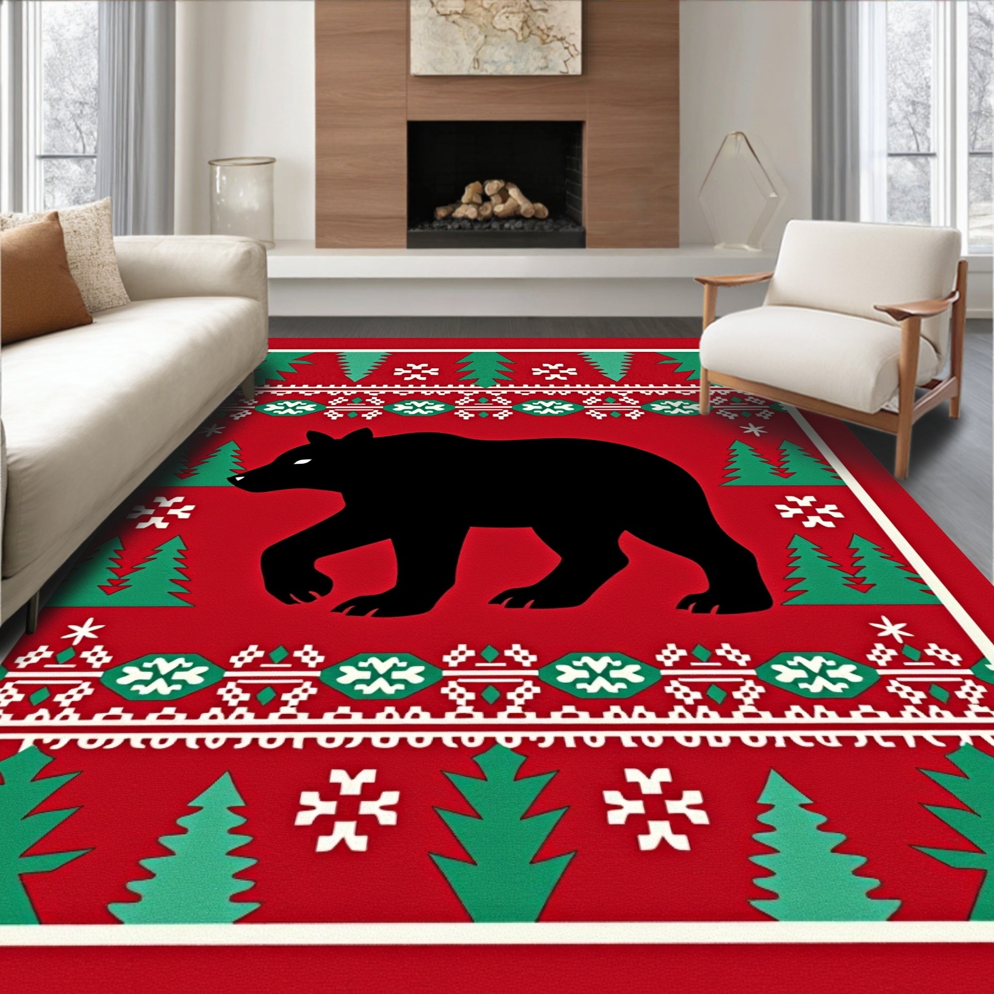 Winter Bear Forest Folk Art Rug