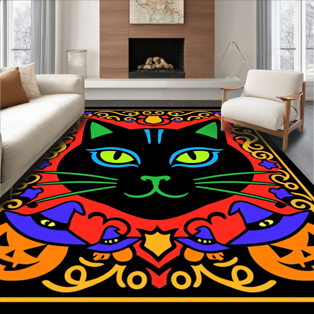 Vibrant Black Cat Halloween Border Rug