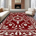 Crimson White Floral Scrollwork Border Rug