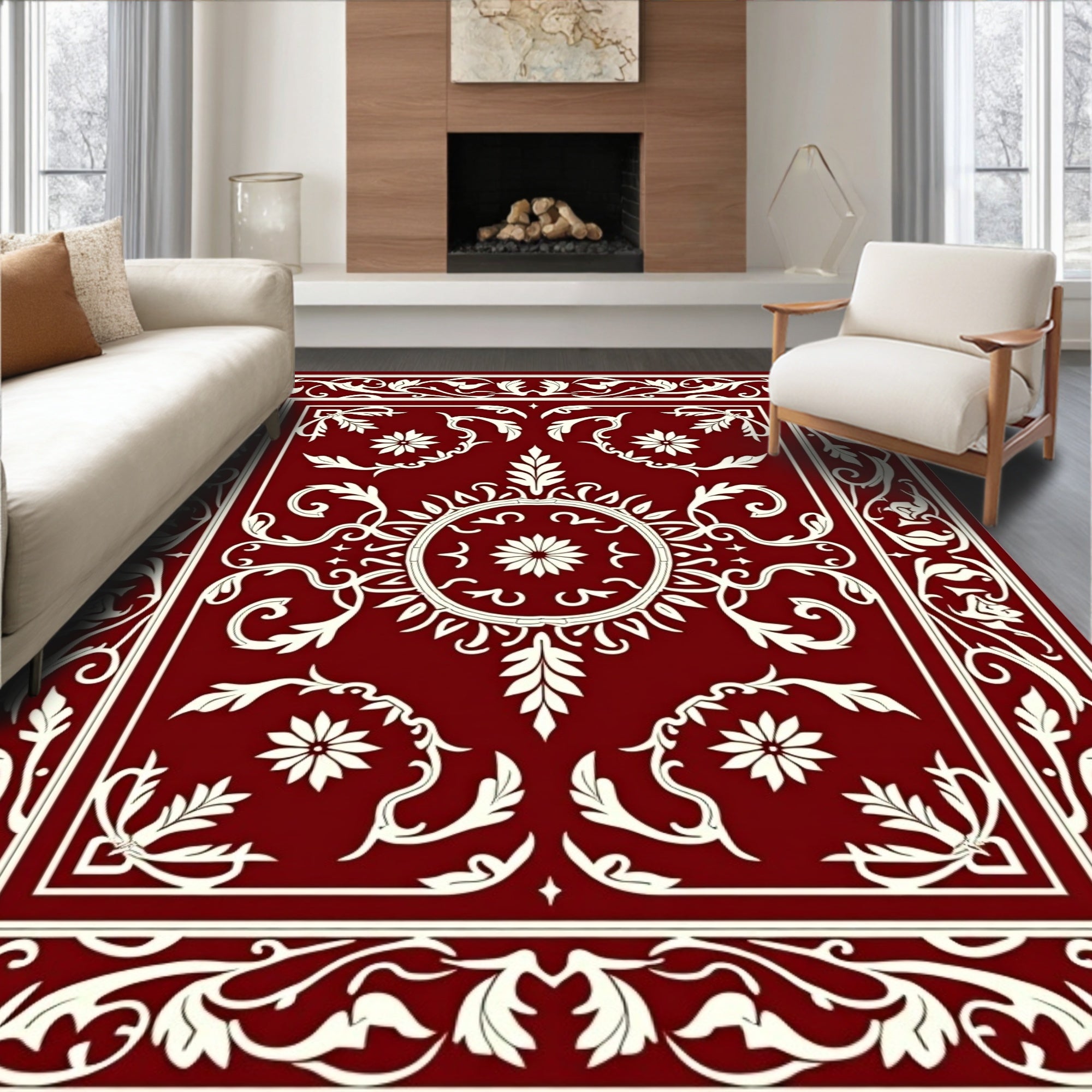 Crimson White Floral Scrollwork Border Rug