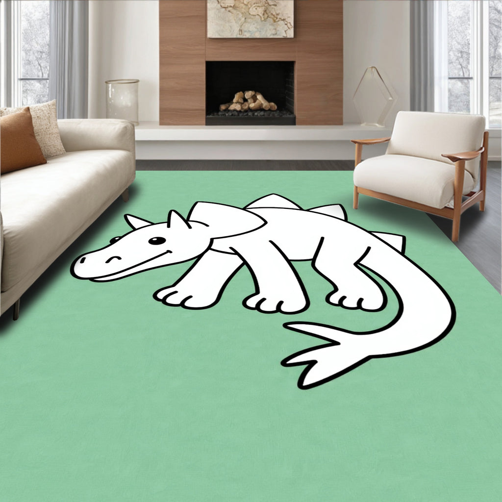 Cute White Dinosaur On Green Background Rug