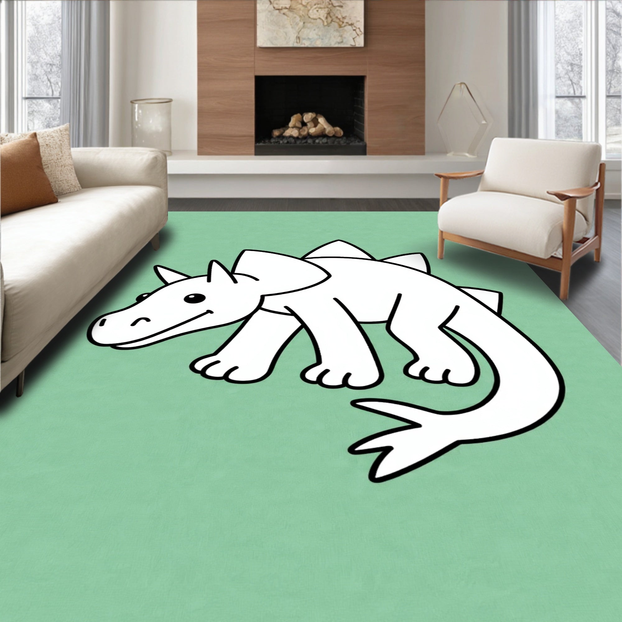Cute White Dinosaur On Green Background Rug