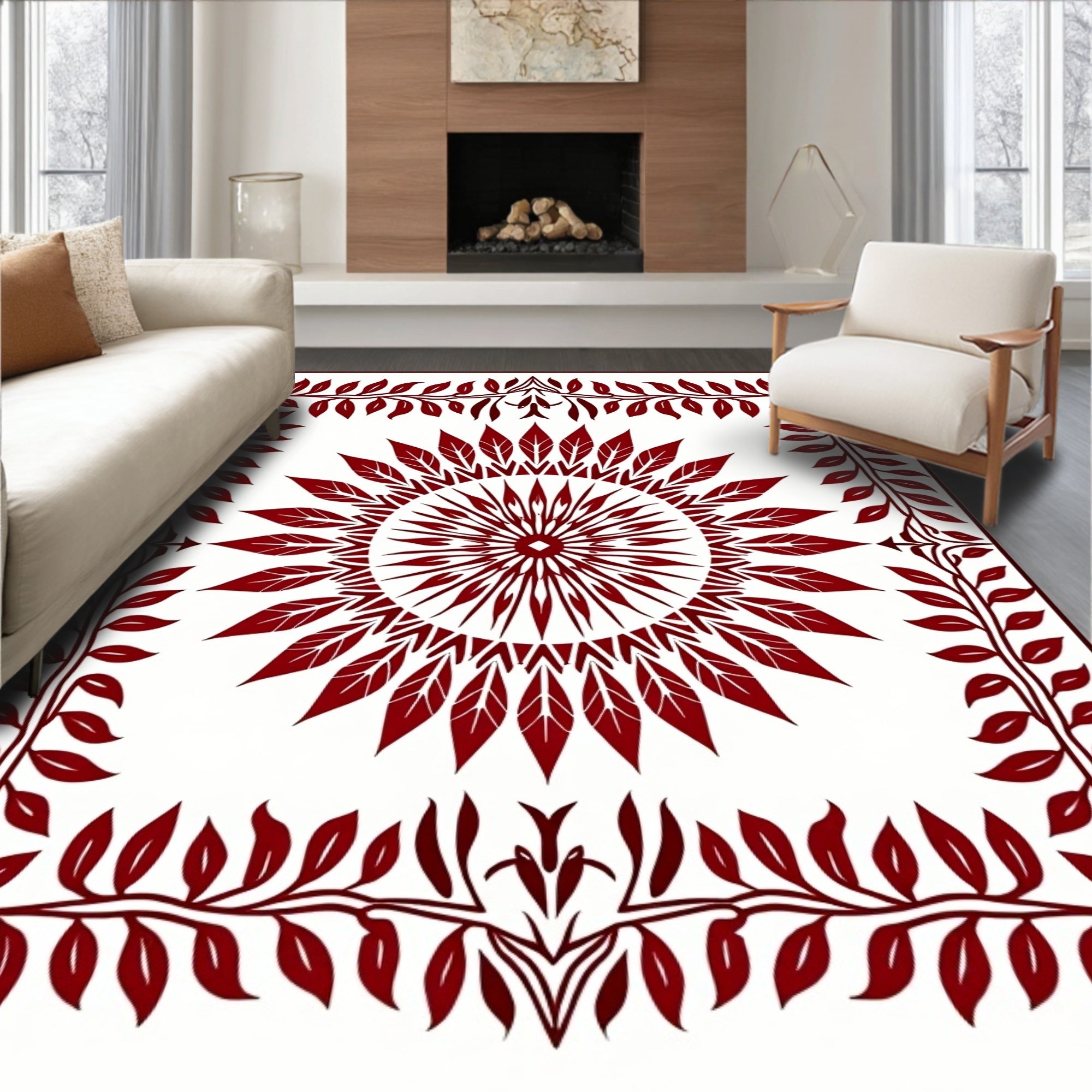 Crimson Sunburst Leaf Vine Rug