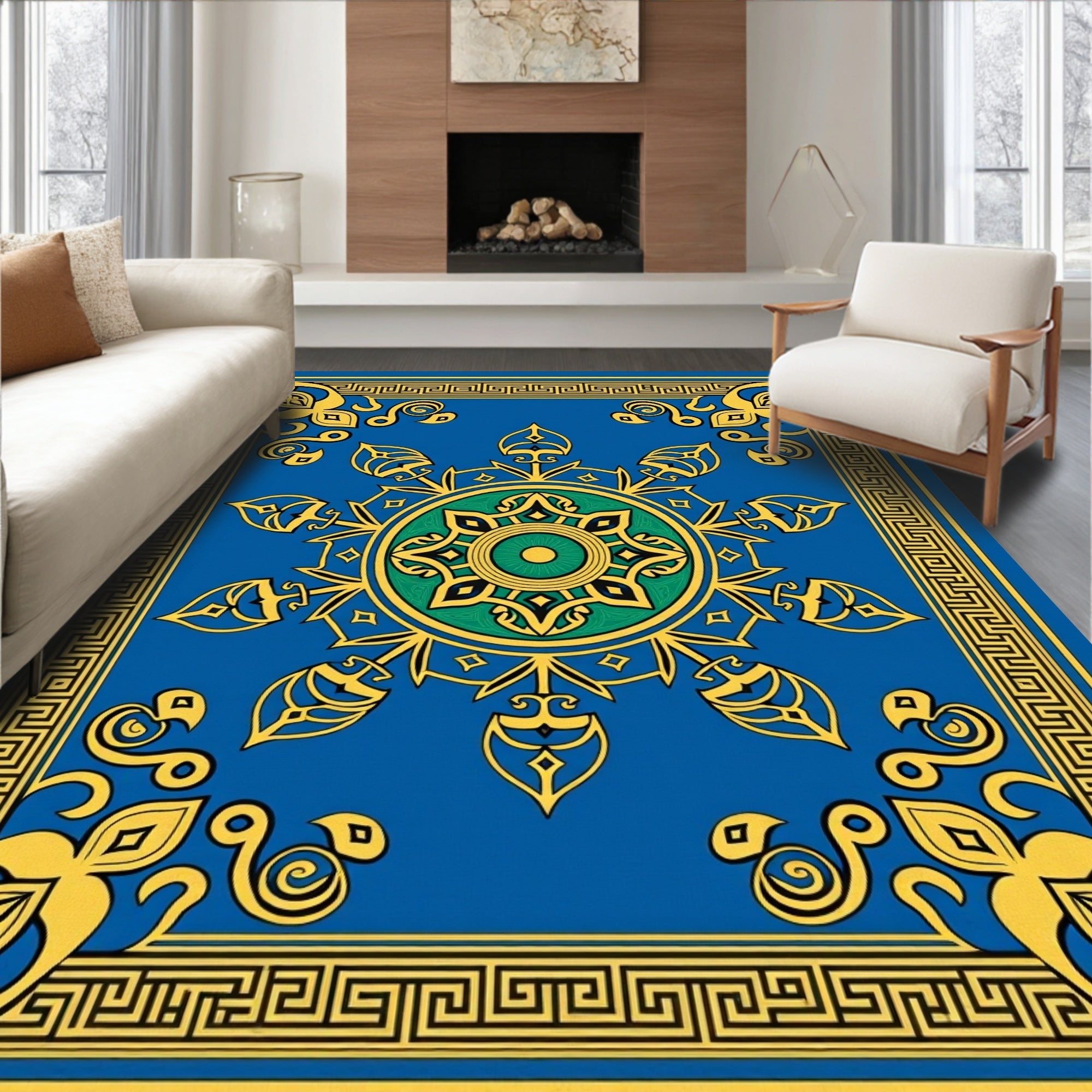 Ornate Blue Green Golden Medallion Rug