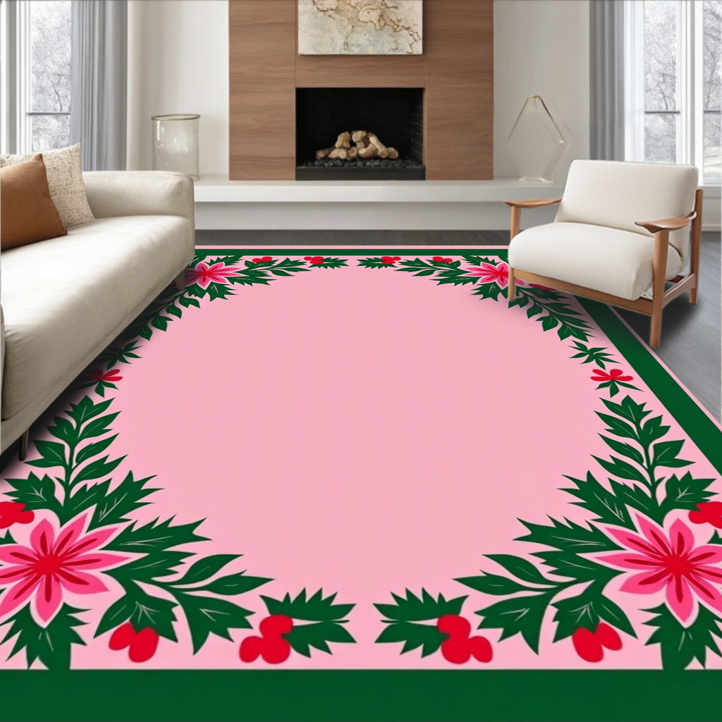 Pink Floral Garland Border Rug