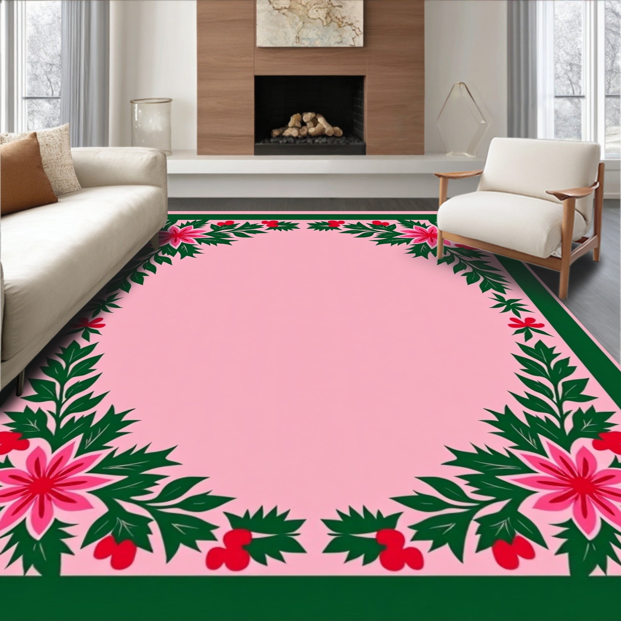 Pink Floral Garland Border Rug