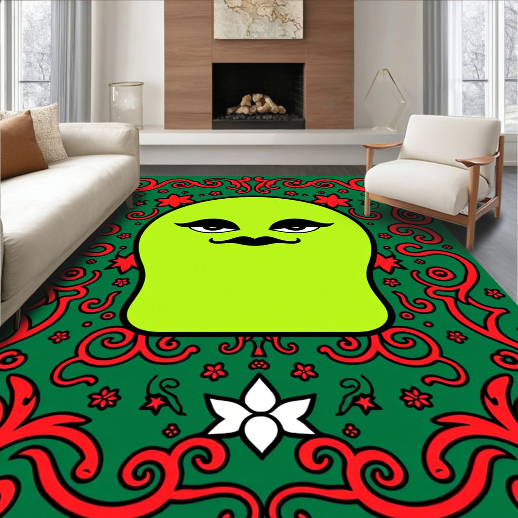 Lime Green Character Red Floral Border Rug