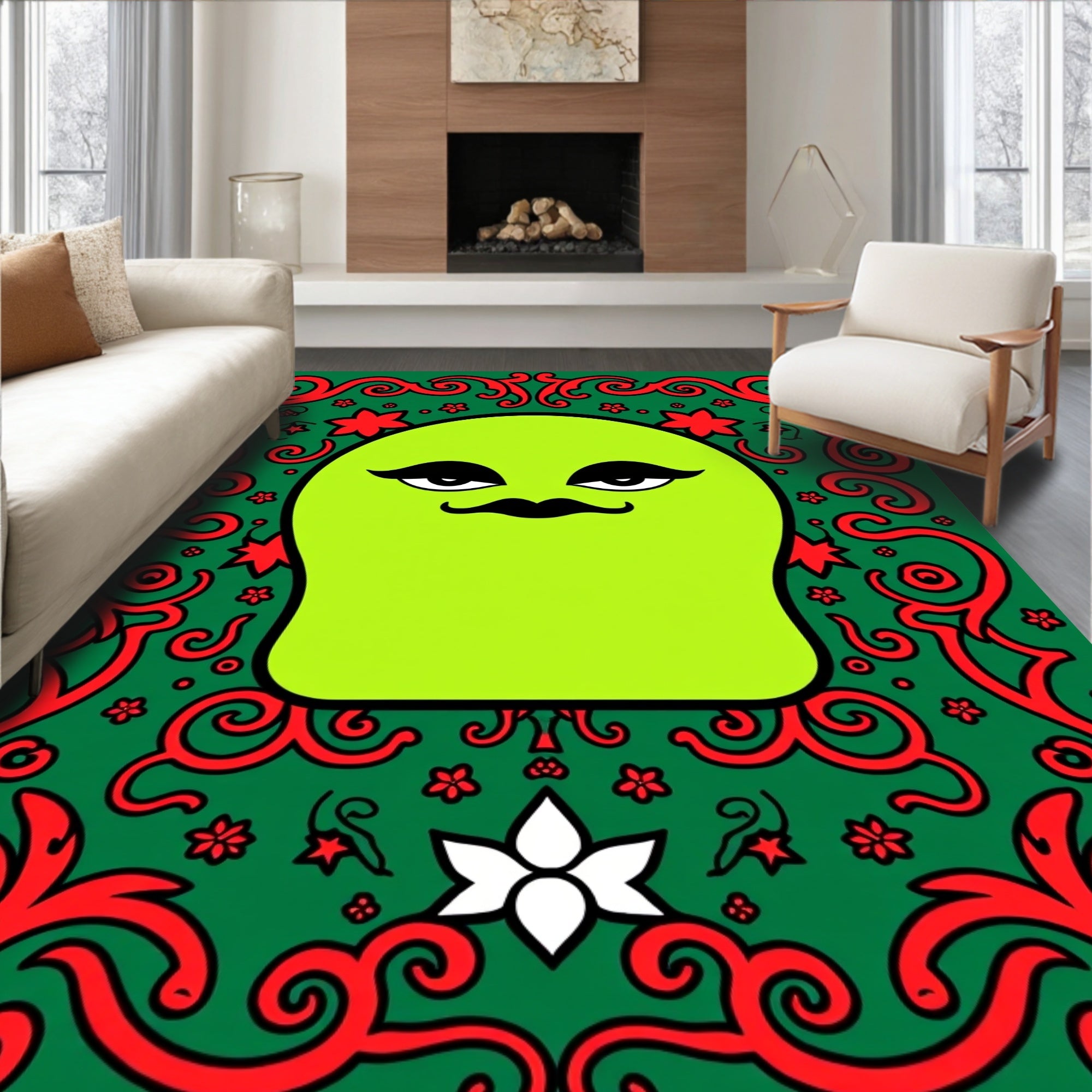Lime Green Character Red Floral Border Rug