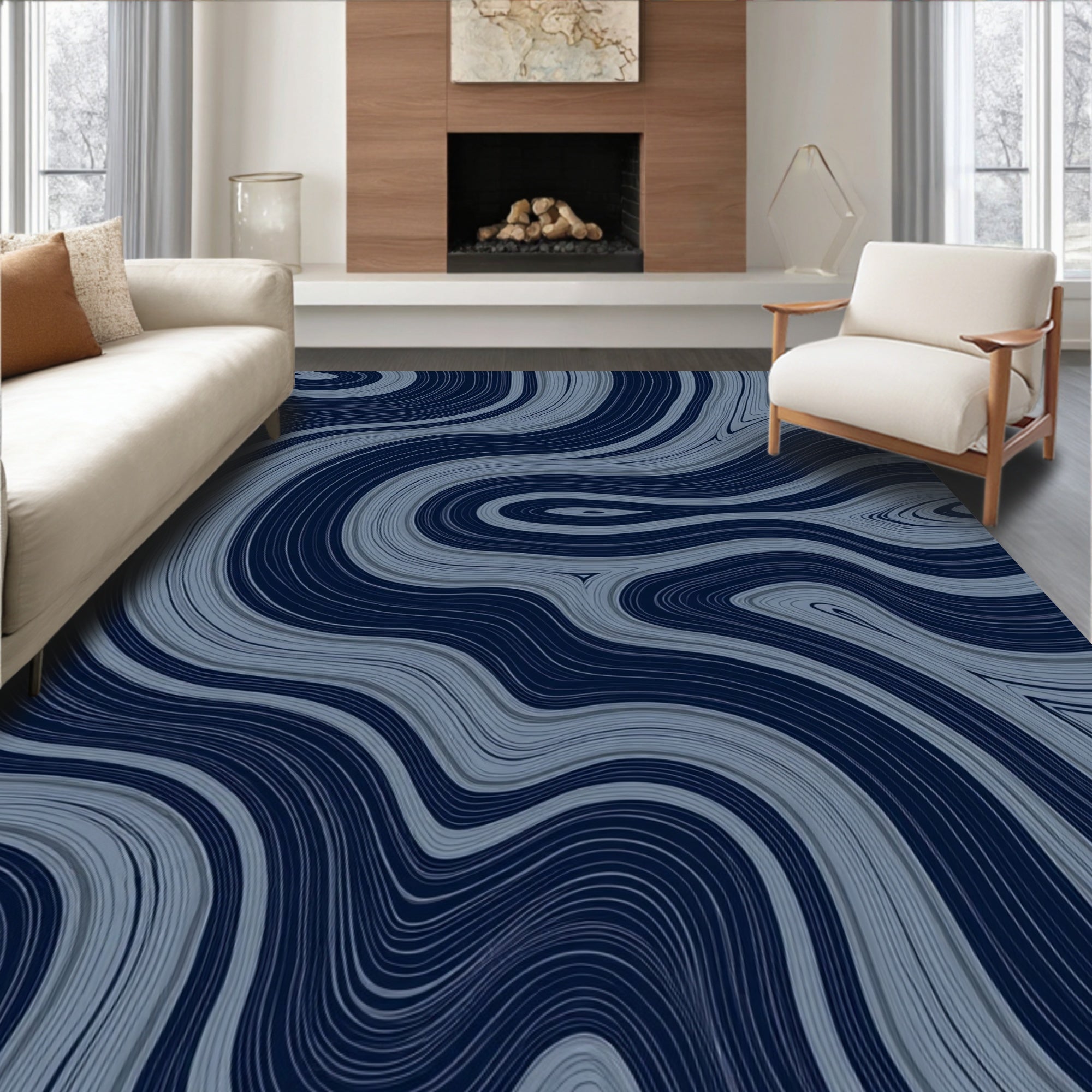 Dark Blue Swirling Agate Lines Rug